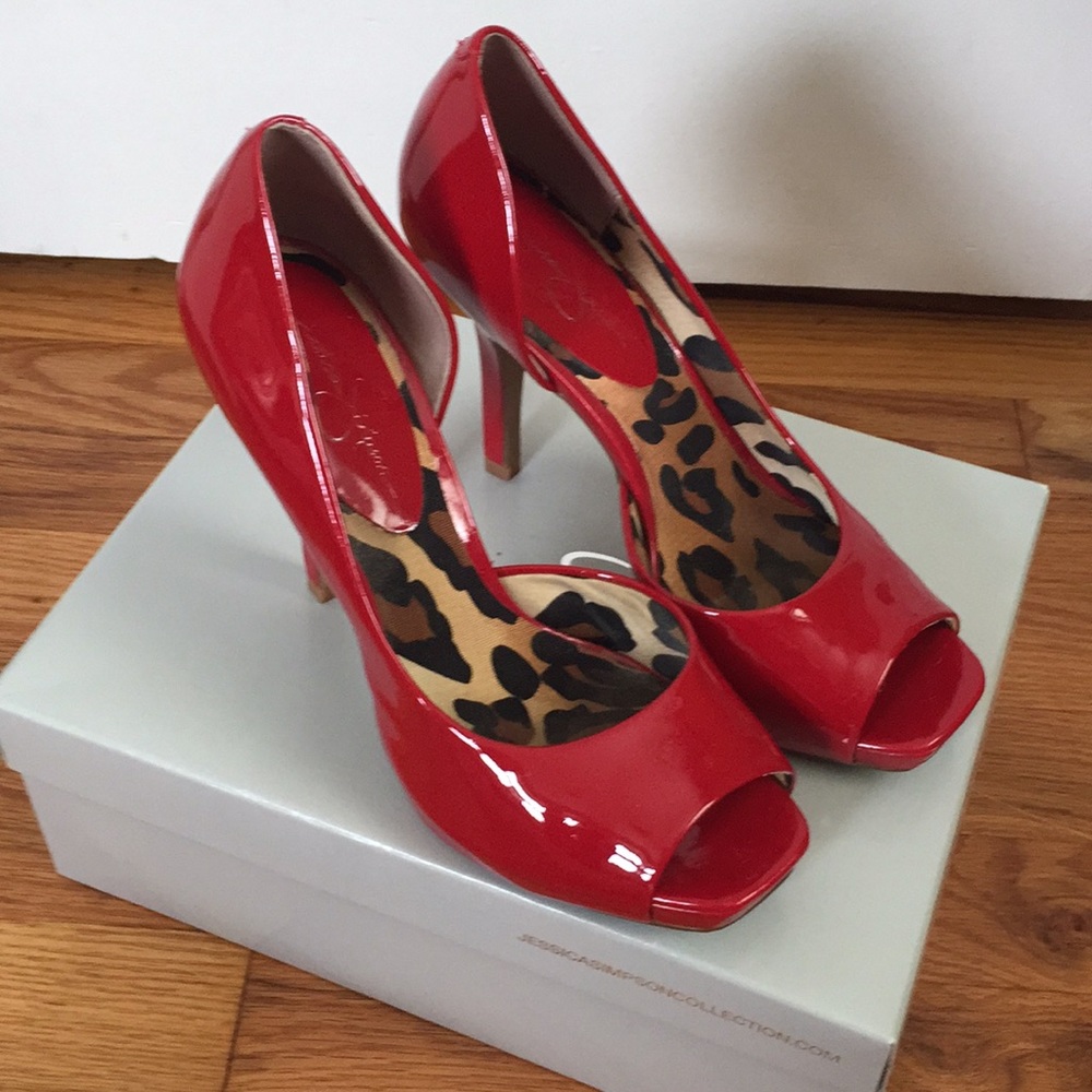 Red peep toe pumps